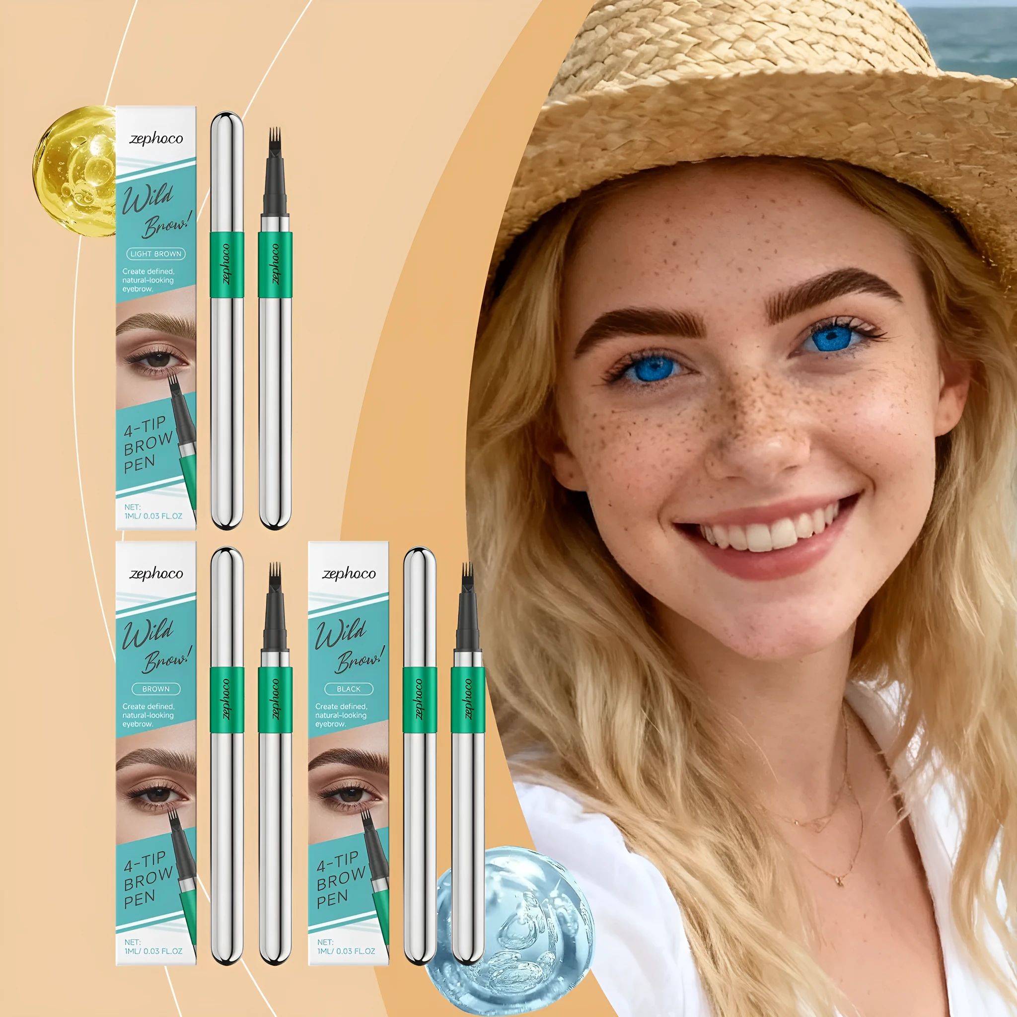 Three-dimensional natural four-pronged eyebrow pencil in brown colour on white background