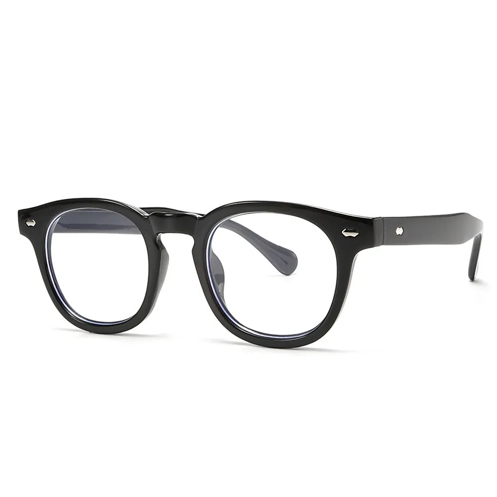 Simple round rim retro sunglasses with plastic frame and UV400 lenses on a plain background.