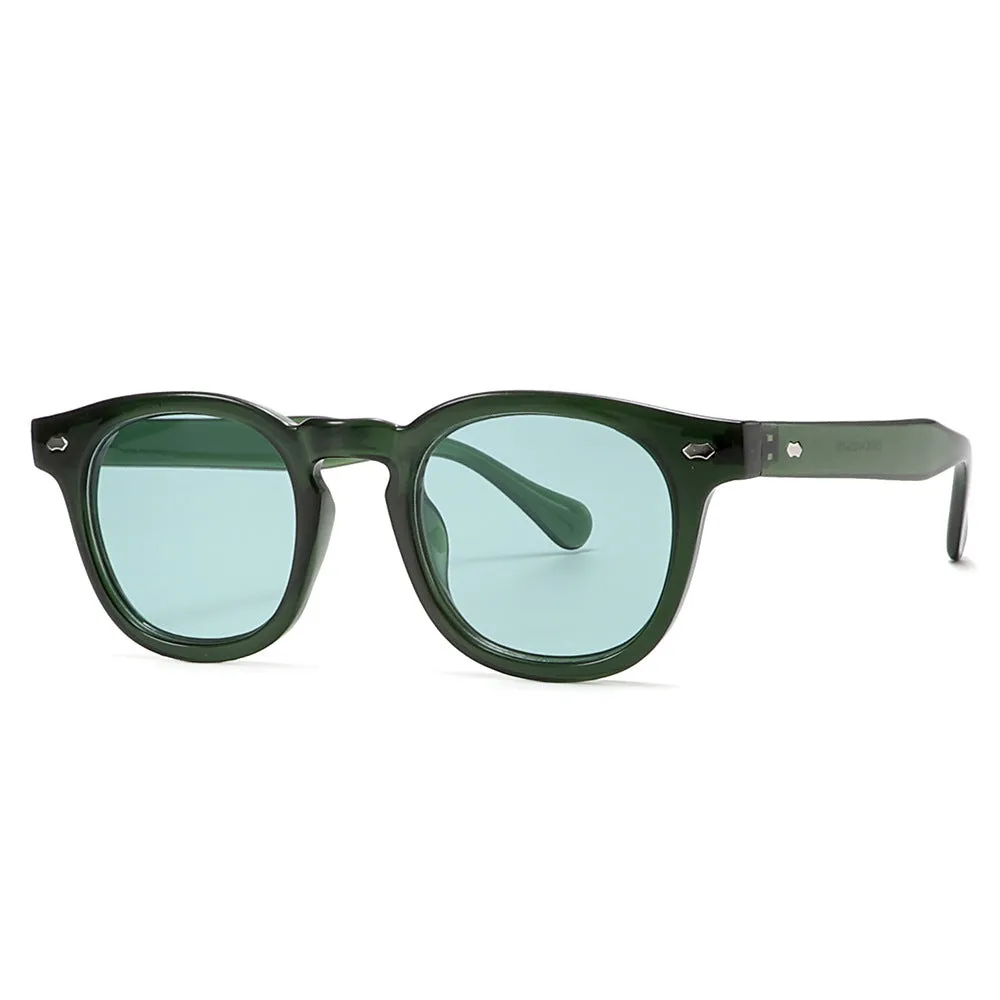 Simple round rim retro sunglasses with plastic frame and UV400 lenses on a plain background.