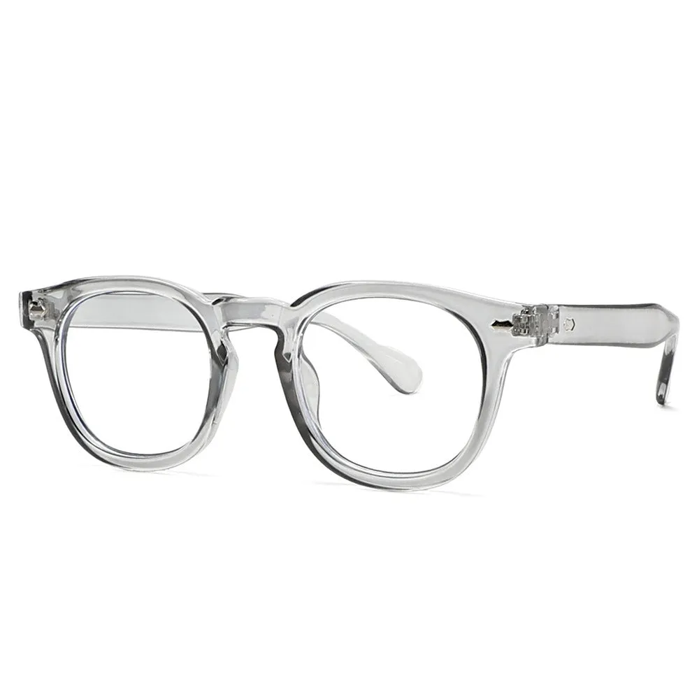 Simple round rim retro sunglasses with plastic frame and UV400 lenses on a plain background.