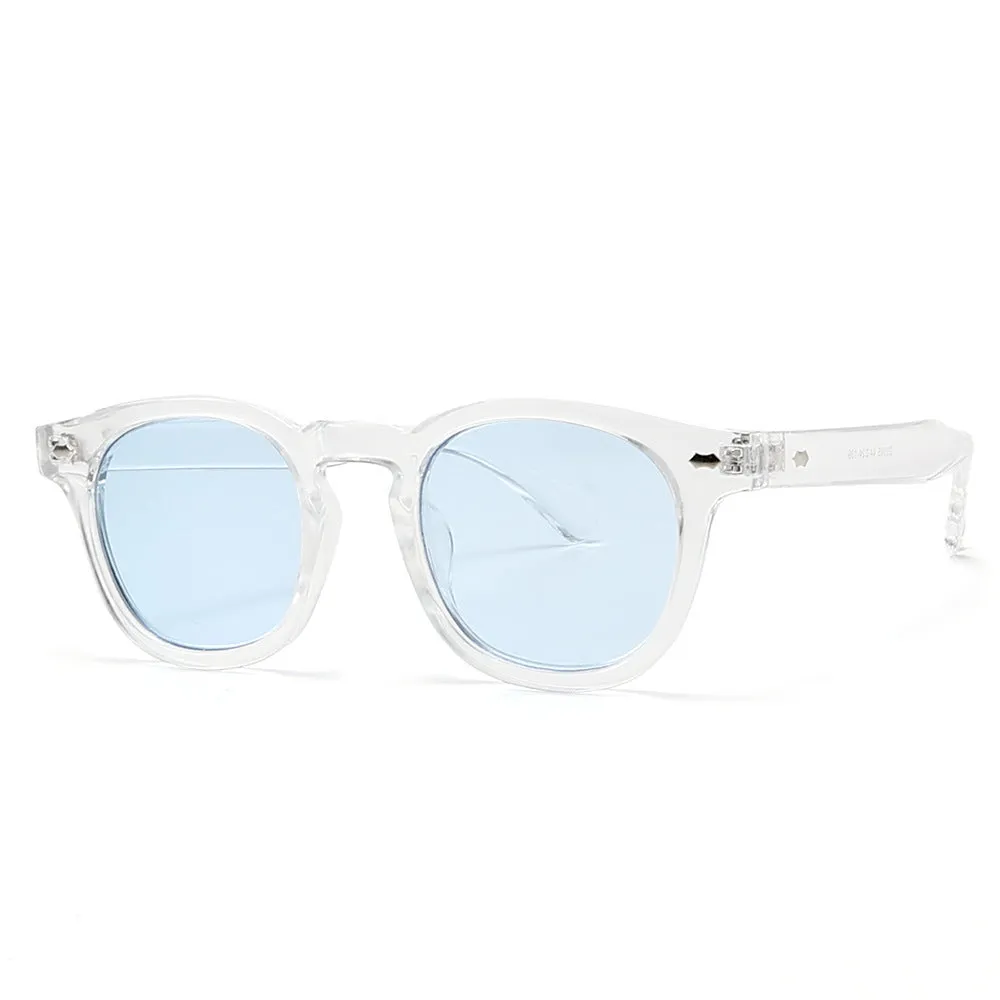 Simple round rim retro sunglasses with plastic frame and UV400 lenses on a plain background.