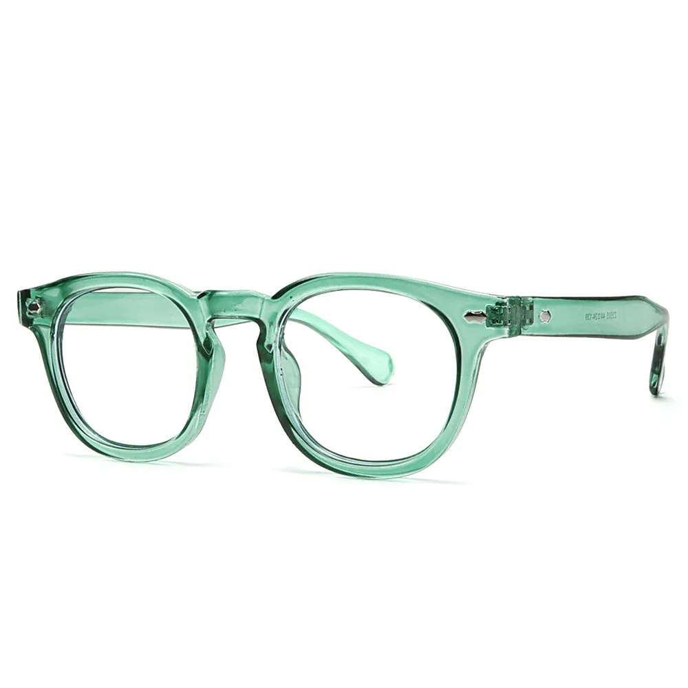 Simple round rim retro sunglasses with plastic frame and UV400 lenses on a plain background.