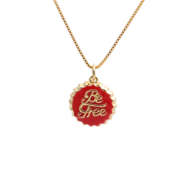 Copper bottle cap pendant necklace with gold-colour electroplated finish on a 40cm box chain.