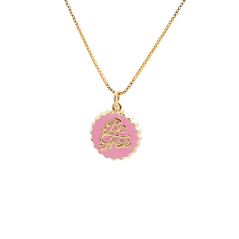 Copper bottle cap pendant necklace with gold-colour electroplated finish on a 40cm box chain.