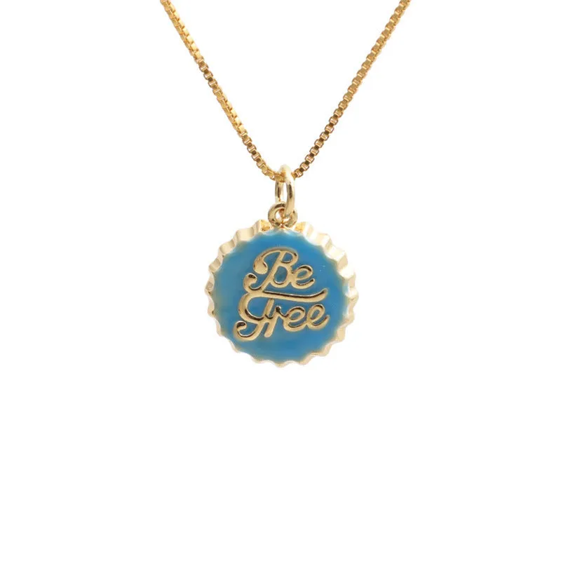 Copper bottle cap pendant necklace with gold-colour electroplated finish on a 40cm box chain.