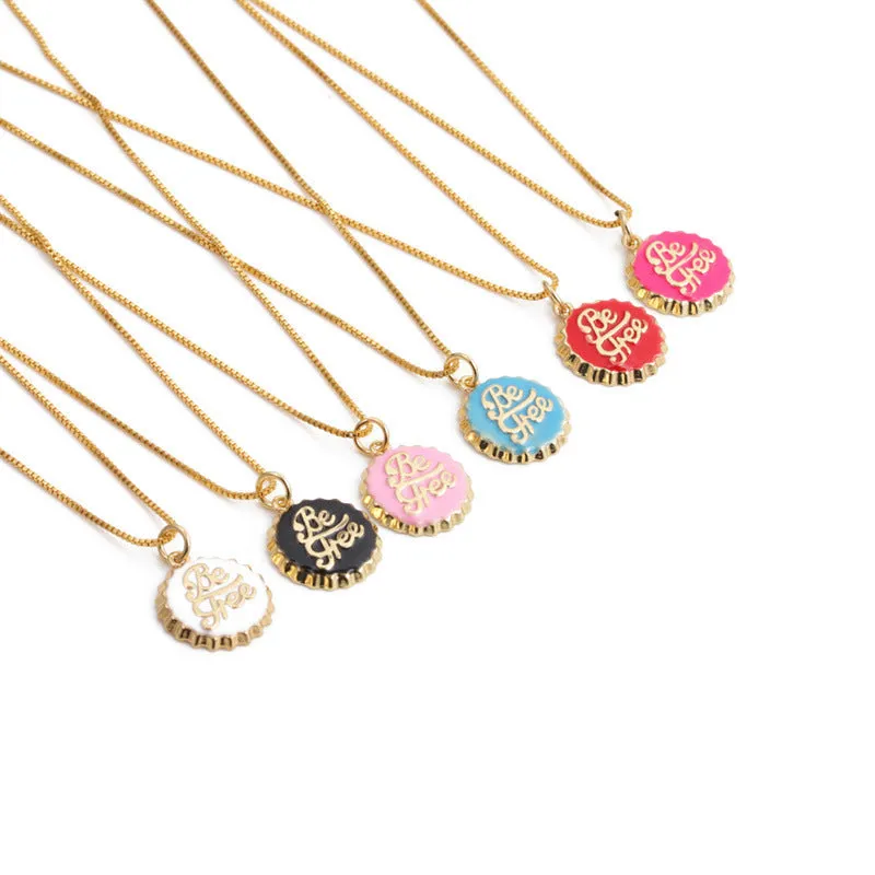 Copper bottle cap pendant necklace with gold-colour electroplated finish on a 40cm box chain.