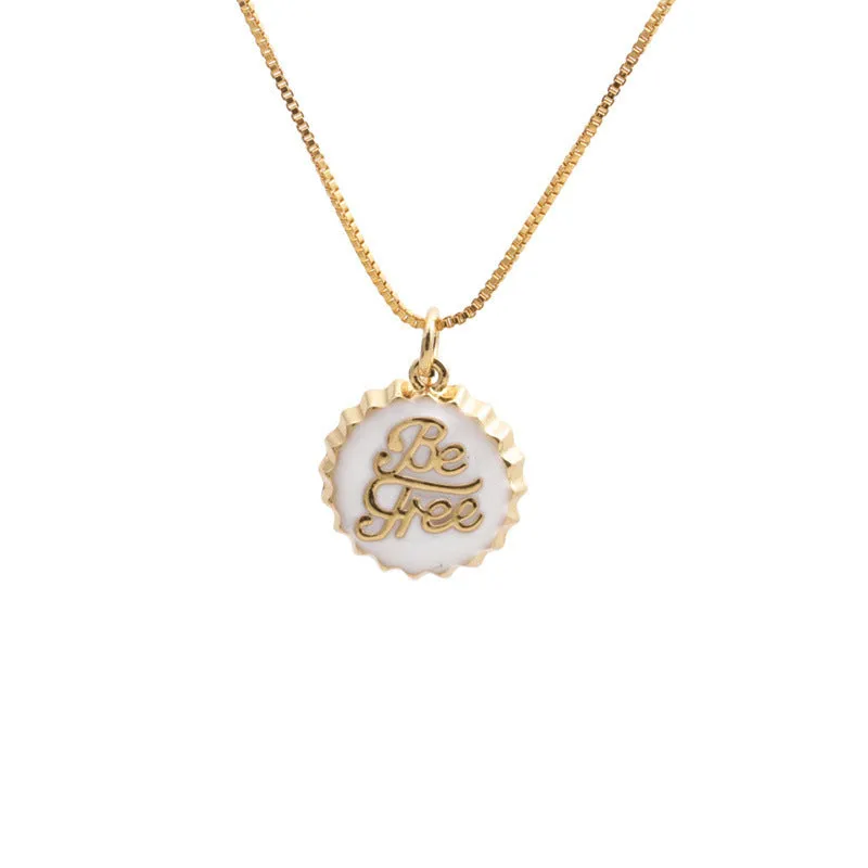 Copper bottle cap pendant necklace with gold-colour electroplated finish on a 40cm box chain.