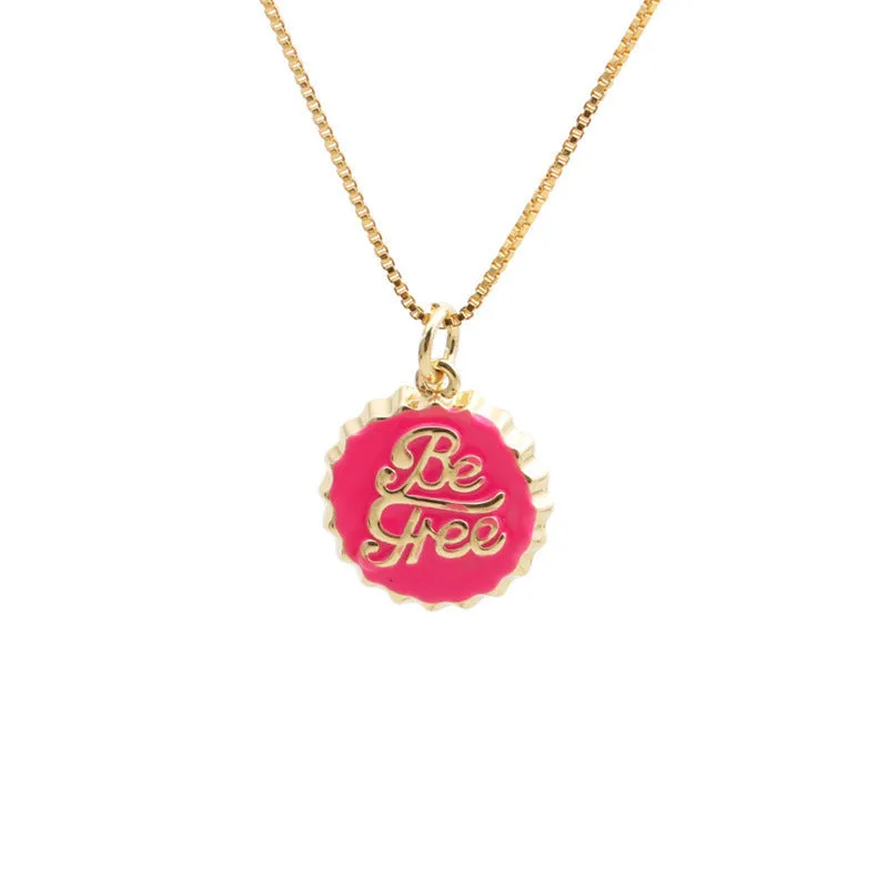Copper bottle cap pendant necklace with gold-colour electroplated finish on a 40cm box chain.