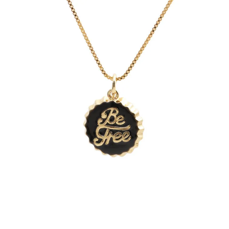 Copper bottle cap pendant necklace with gold-colour electroplated finish on a 40cm box chain.