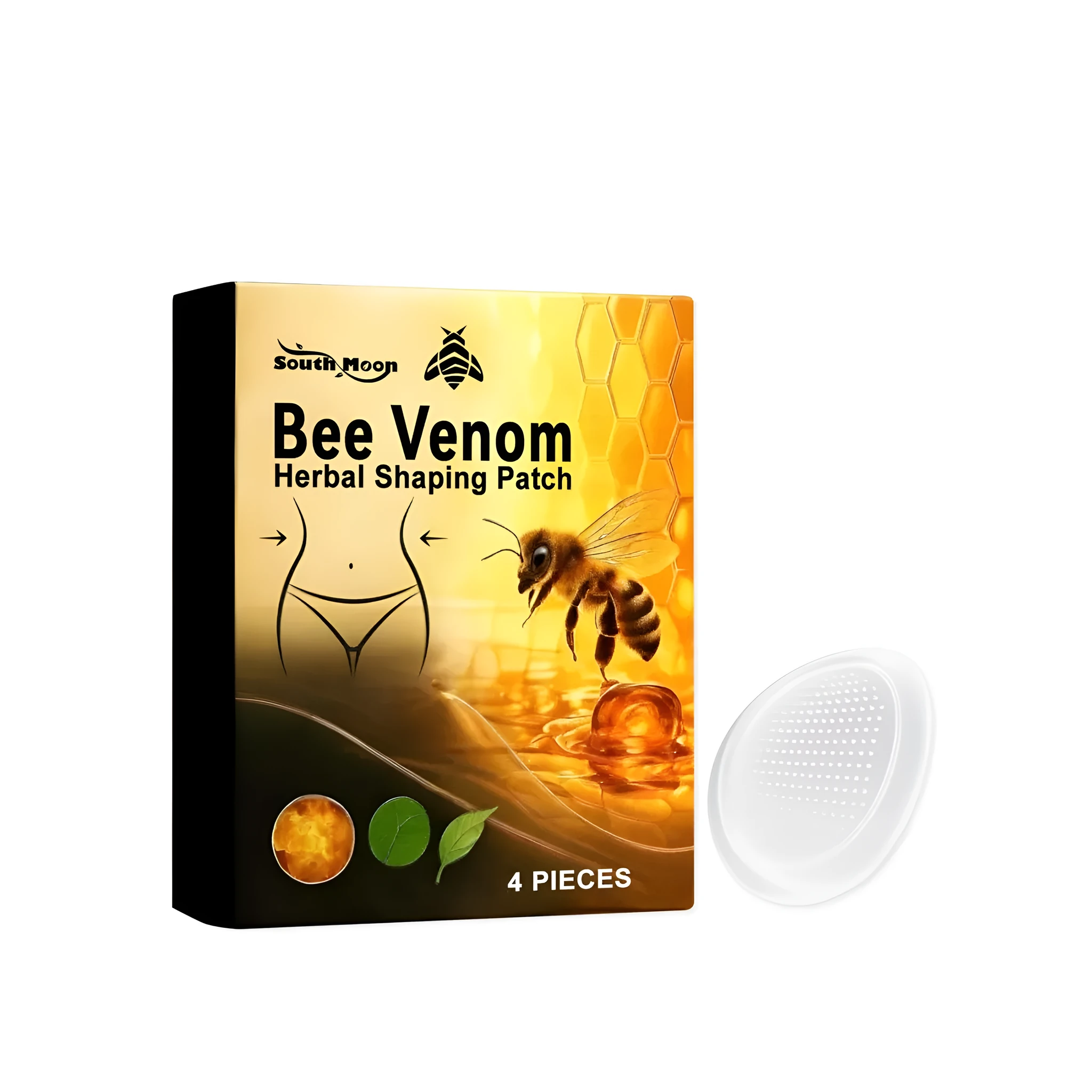 Herbal Mild Slimming Patch pack with bee venom and mint leaves, showing four individual patches