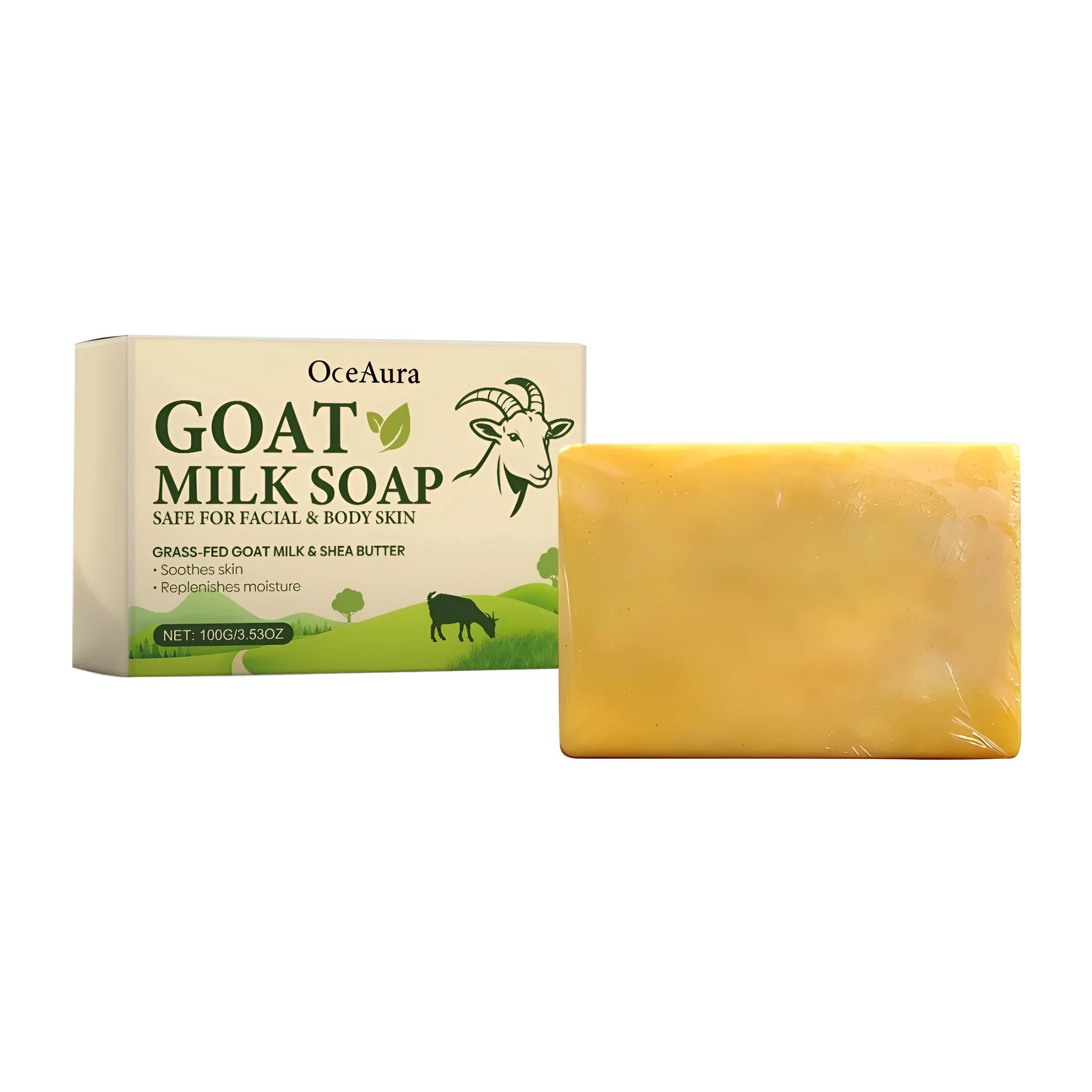Goat milk soap bar 100g with shea butter and vitamin E on a neutral background