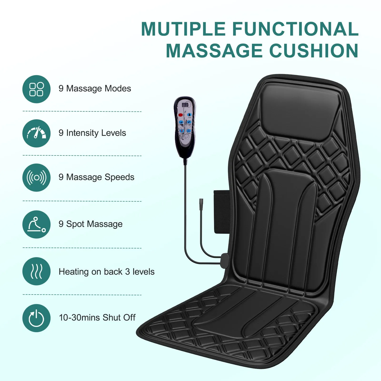 9-speed massage cushion with timer and heat on an office chair showing control panel and fabric cushion