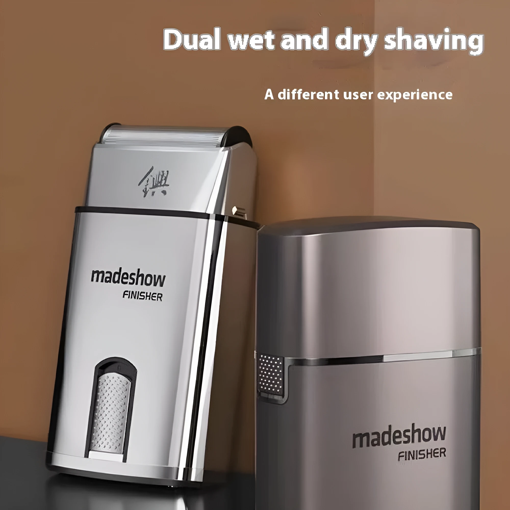Silver 36W USB rechargeable electric shaver with stainless steel cutter head on white background