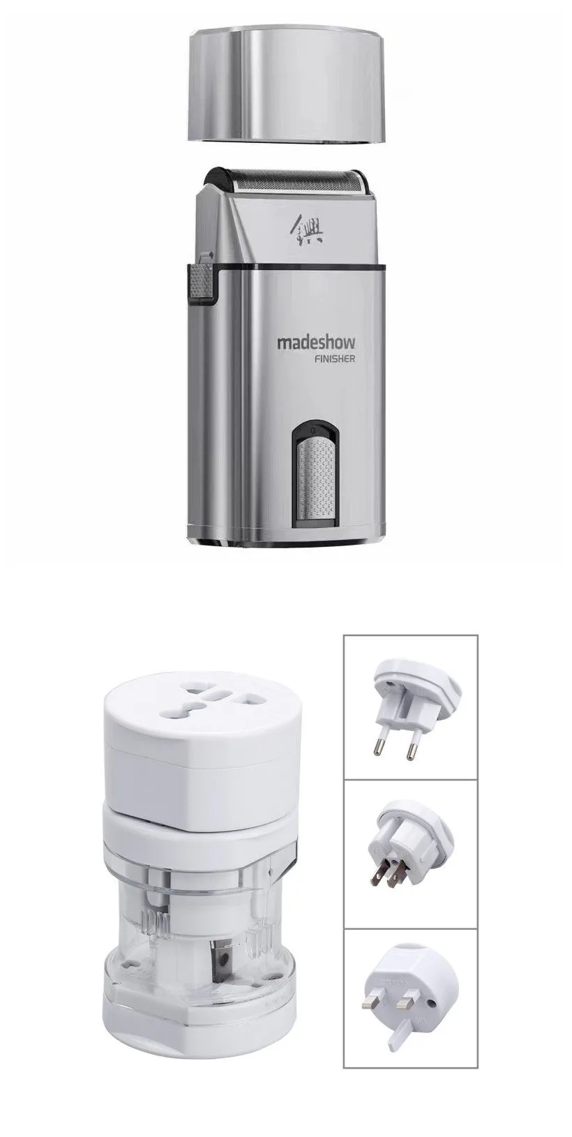 Silver 36W USB rechargeable electric shaver with stainless steel cutter head on white background