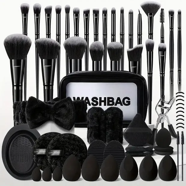 Black makeup brush set with 33 pieces including brush bag on a surface