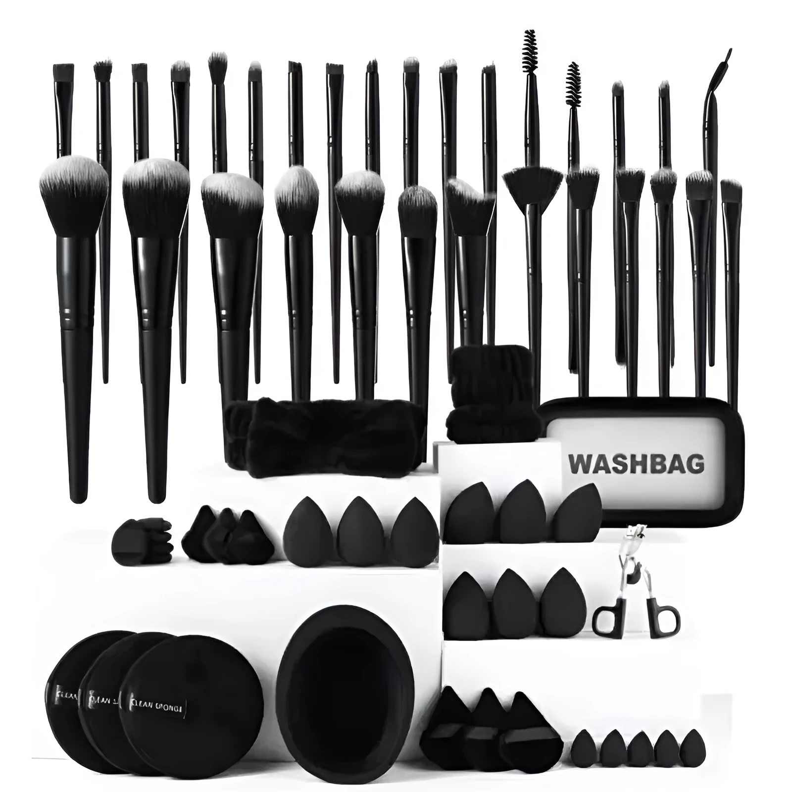 Black makeup brush set with 33 pieces including brush bag on a surface