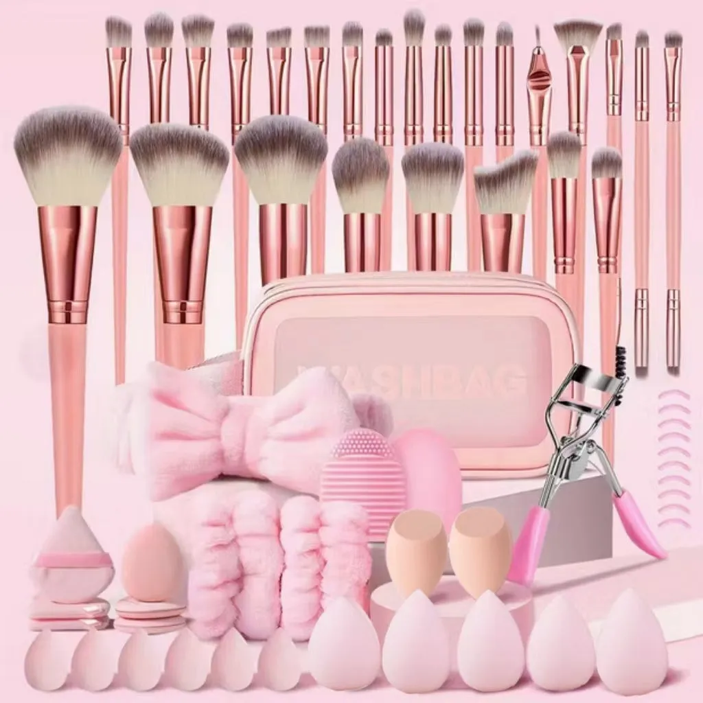 Black makeup brush set with 33 pieces including brush bag on a surface