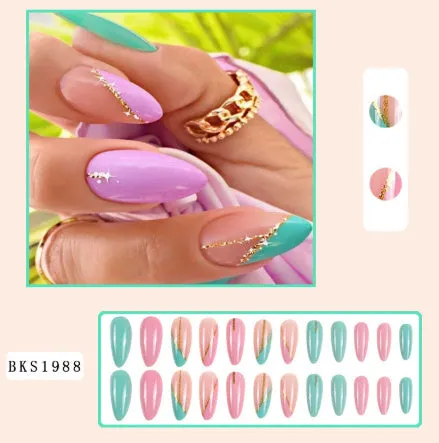 Wear Armour medium almond nail stickers with frosted tulip pattern in four designs: French leaves, leopard print, plating, and macaron