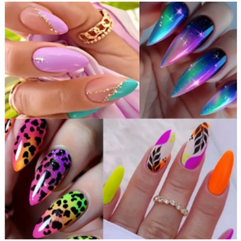 Wear Armour medium almond nail stickers with frosted tulip pattern in four designs: French leaves, leopard print, plating, and macaron