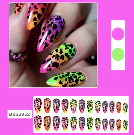 Wear Armour medium almond nail stickers with frosted tulip pattern in four designs: French leaves, leopard print, plating, and macaron