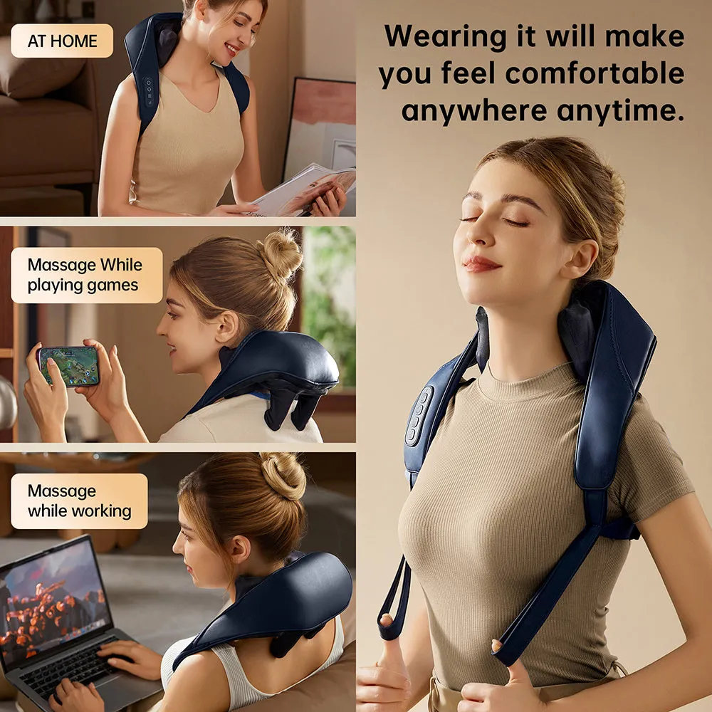 Blue electric shoulder massager with 4D kneading and heat therapy controls