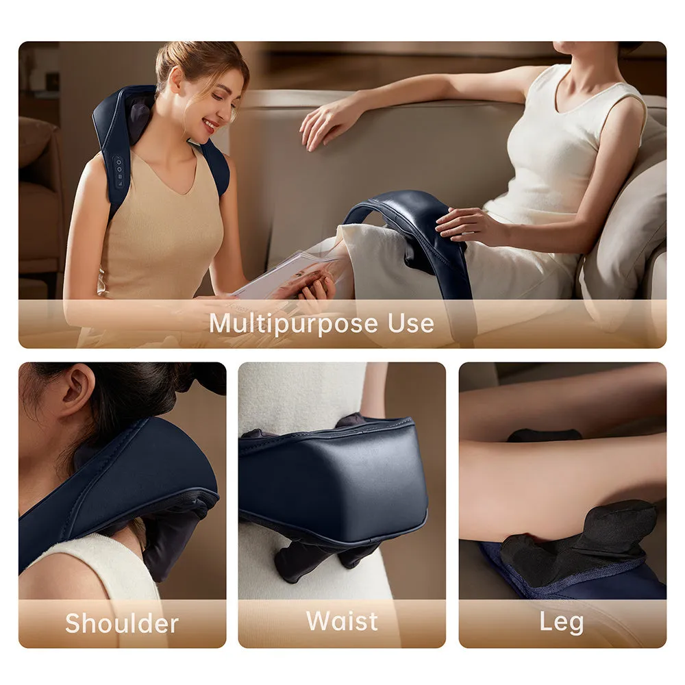 Blue electric shoulder massager with 4D kneading and heat therapy controls