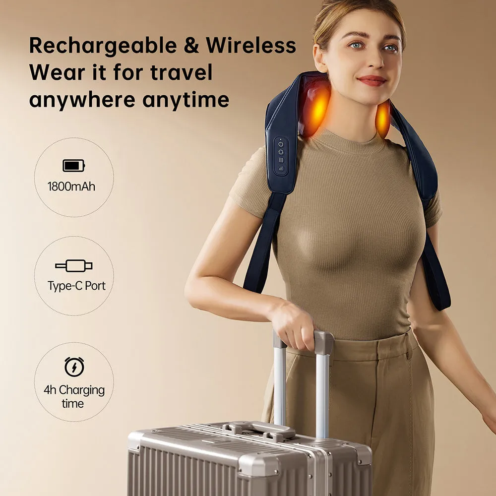 Blue electric shoulder massager with 4D kneading and heat therapy controls