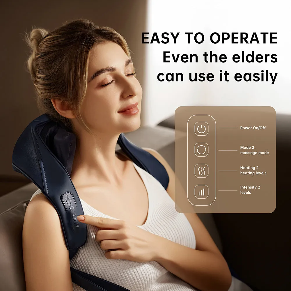 Blue electric shoulder massager with 4D kneading and heat therapy controls