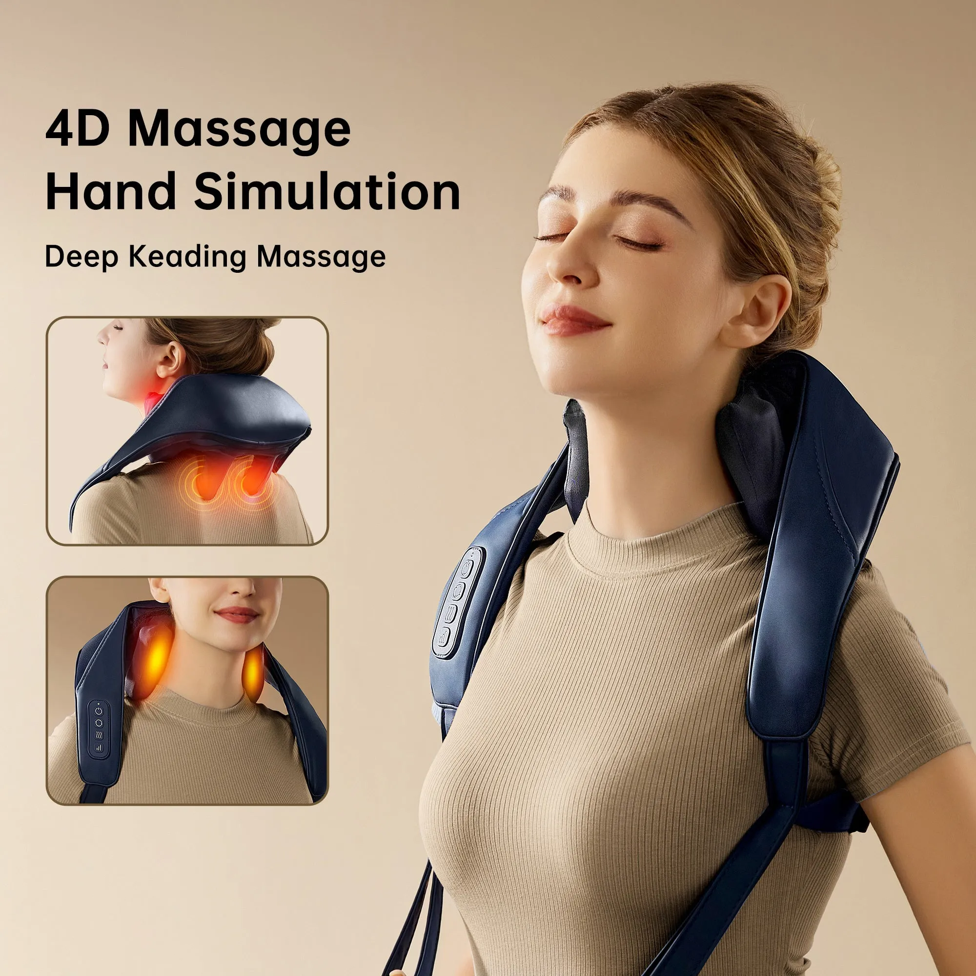 Blue electric shoulder massager with 4D kneading and heat therapy controls