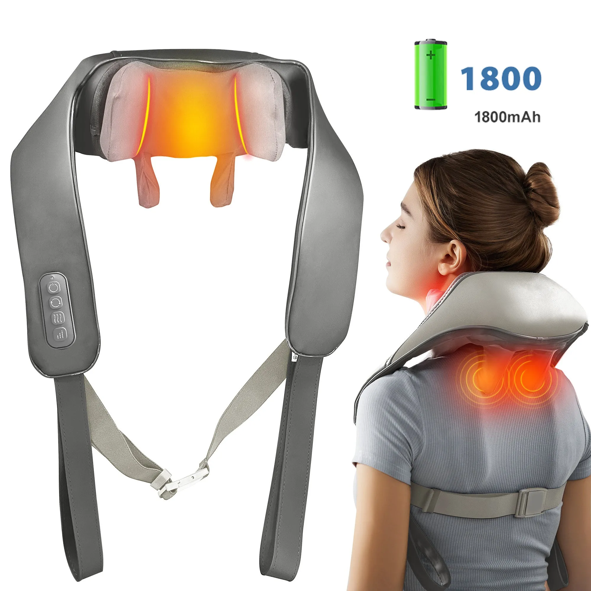 Blue electric shoulder massager with 4D kneading and heat therapy controls