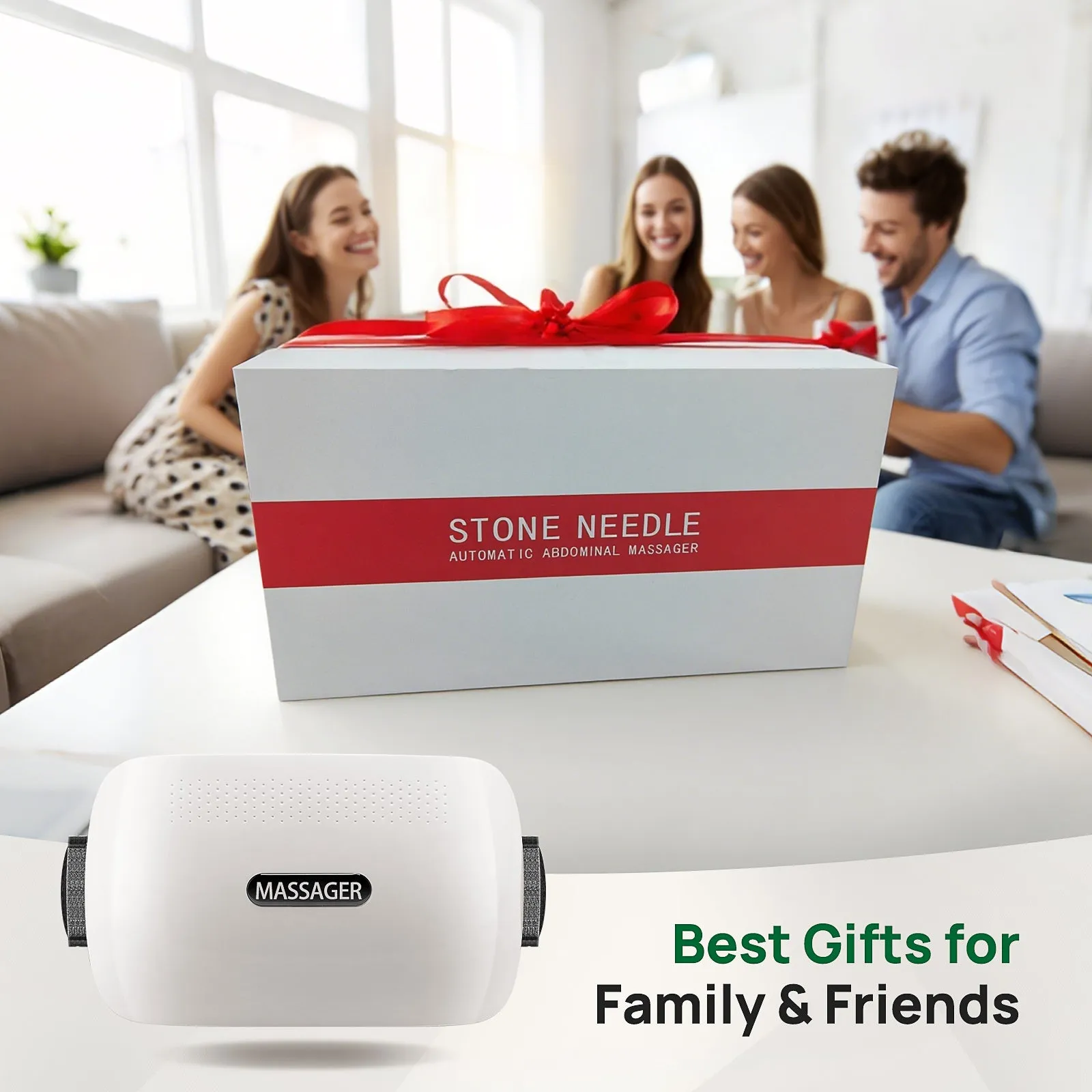 Smart Bian Stone Abdominal Massager with heat and light wave therapy, white finish, with auto kneading feature