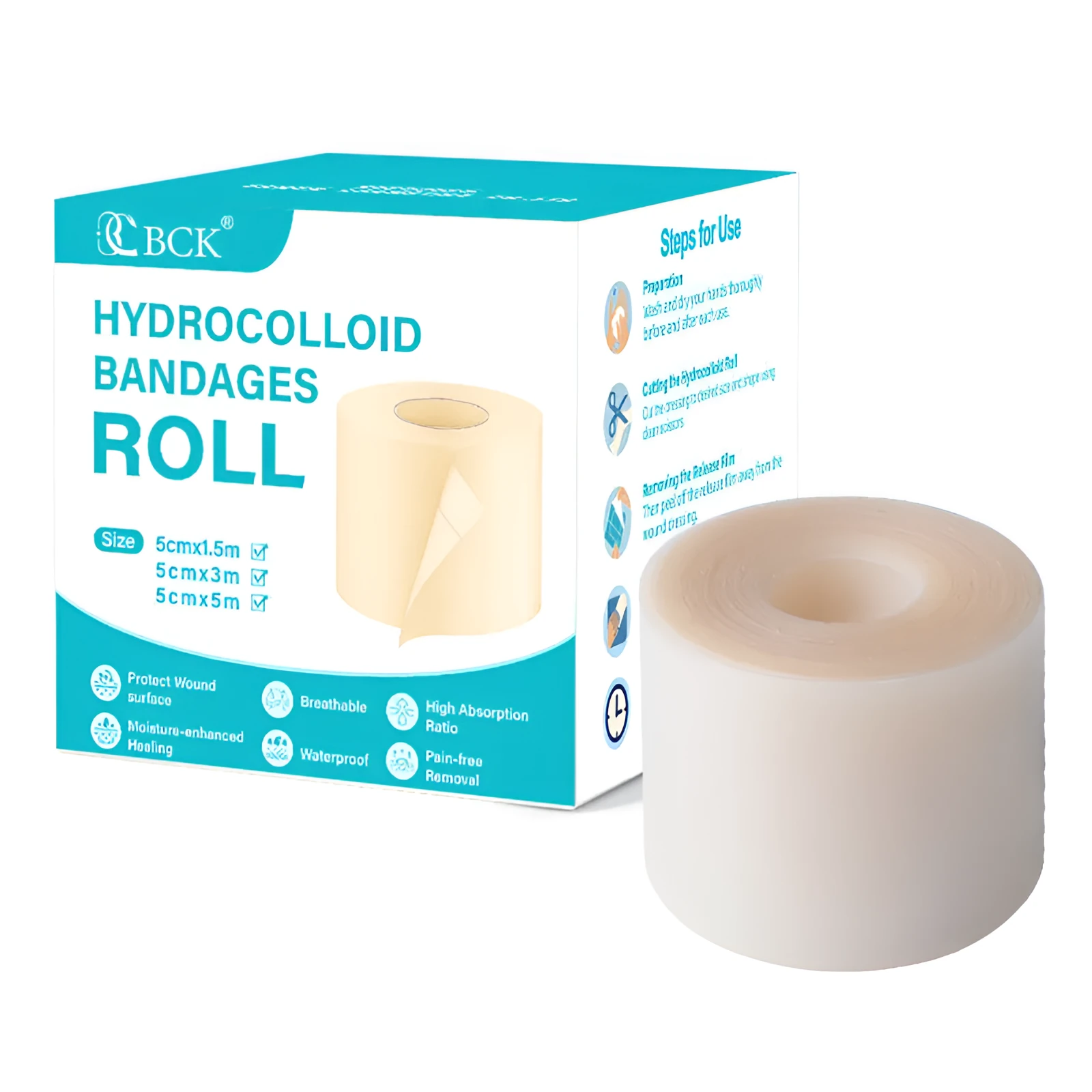 Hydrocolloid dressing roll 5cm width in frameless box for absorbent wound care and wet healing.