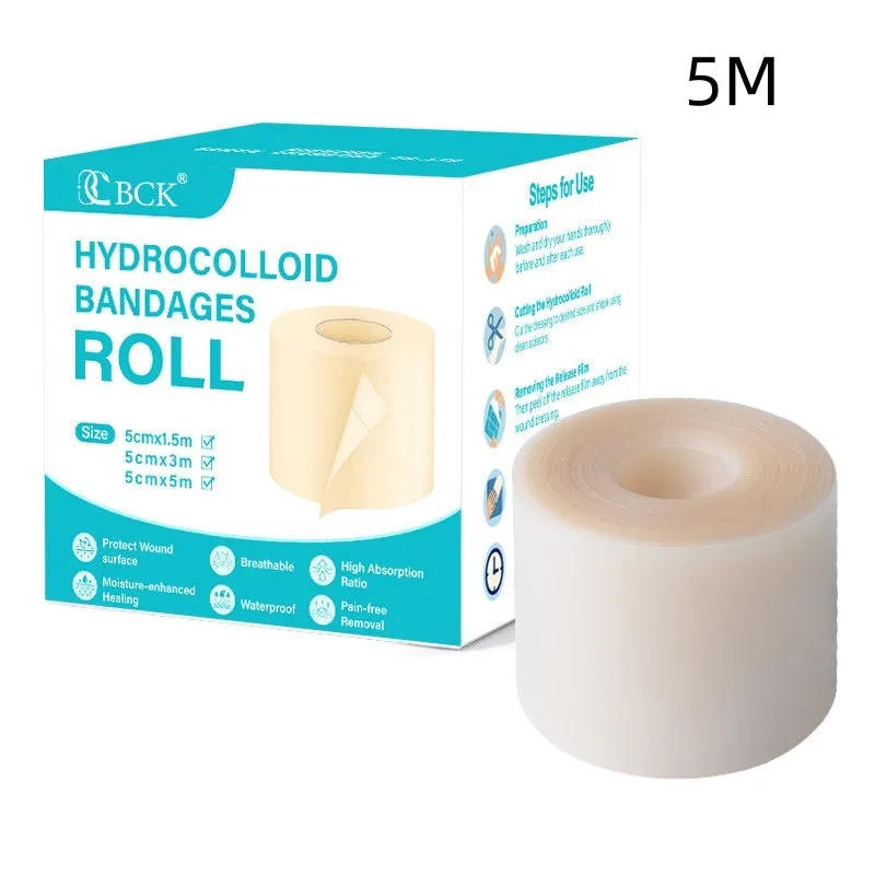 Hydrocolloid dressing roll 5cm width in frameless box for absorbent wound care and wet healing.