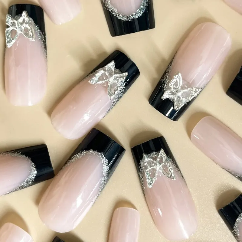 Black French style nail wear armor with glittering butterfly pattern, shown in yellow and black jelly glue colour options.