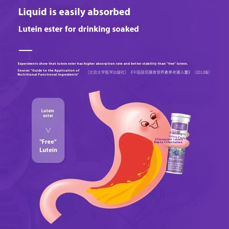 Blueberry and lutein soft candy effervescent tablets in a bottle, 4g each, 10 tablets, for excessive eye use