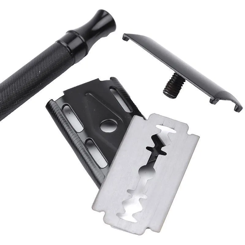 Traditional manual shaving razor scraper with brush combination set in black or silver colour
