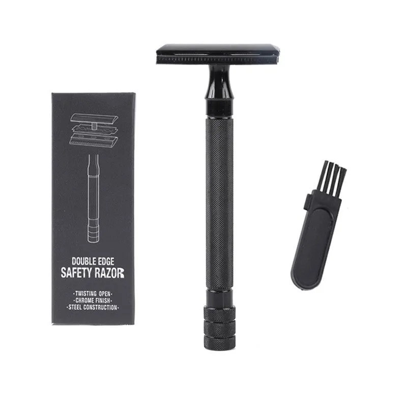 Traditional manual shaving razor scraper with brush combination set in black or silver colour