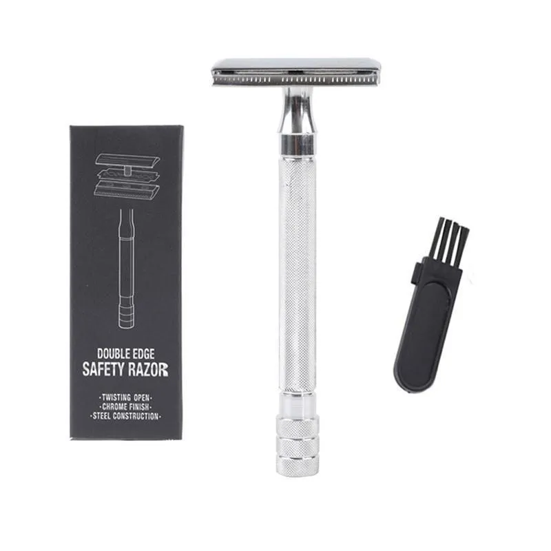 Traditional manual shaving razor scraper with brush combination set in black or silver colour