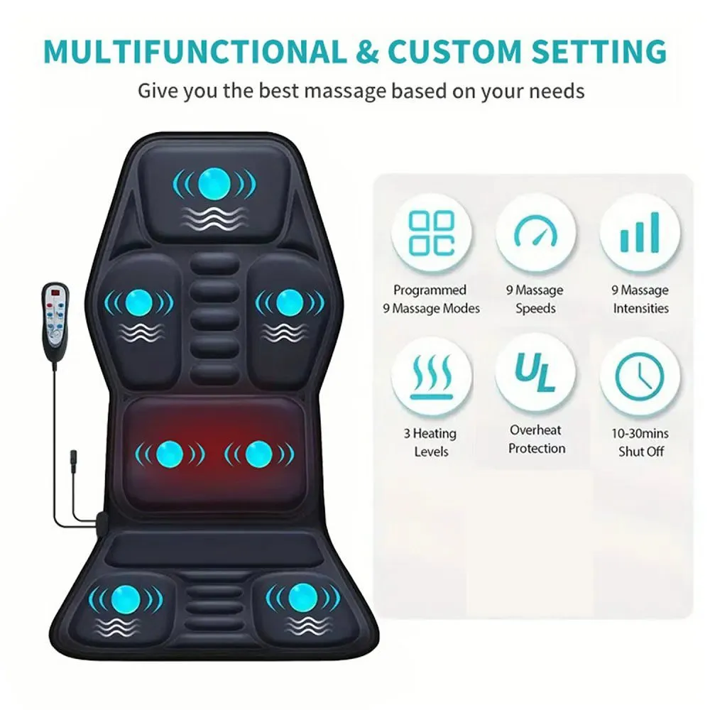 Massage cushion with heat showing control panel and multi-position design for back and neck relief