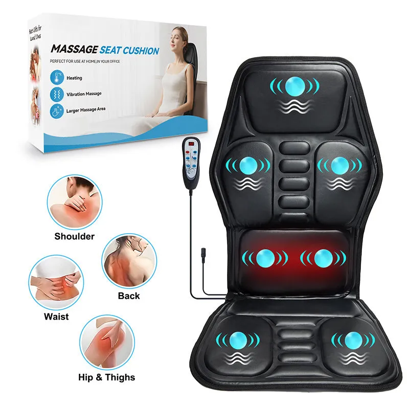 Massage cushion with heat showing control panel and multi-position design for back and neck relief