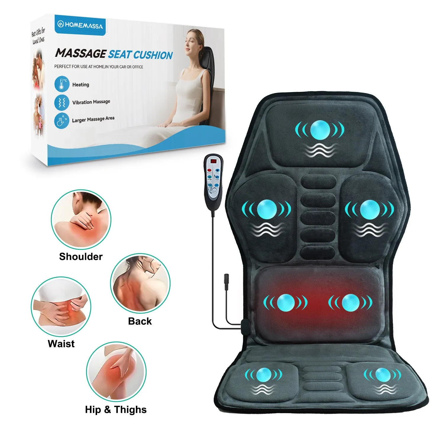 Massage cushion with heat showing control panel and multi-position design for back and neck relief