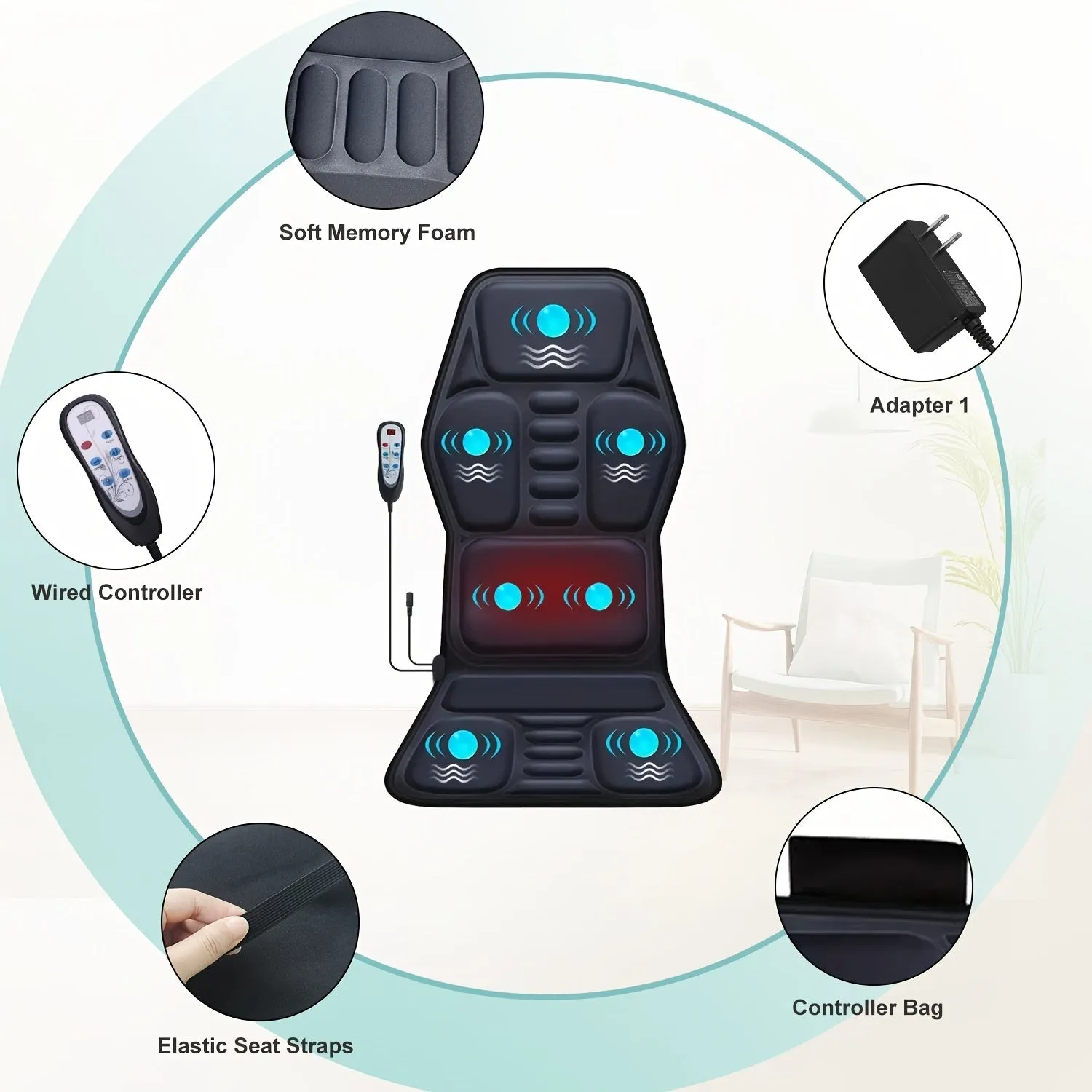 Massage cushion with heat showing control panel and multi-position design for back and neck relief