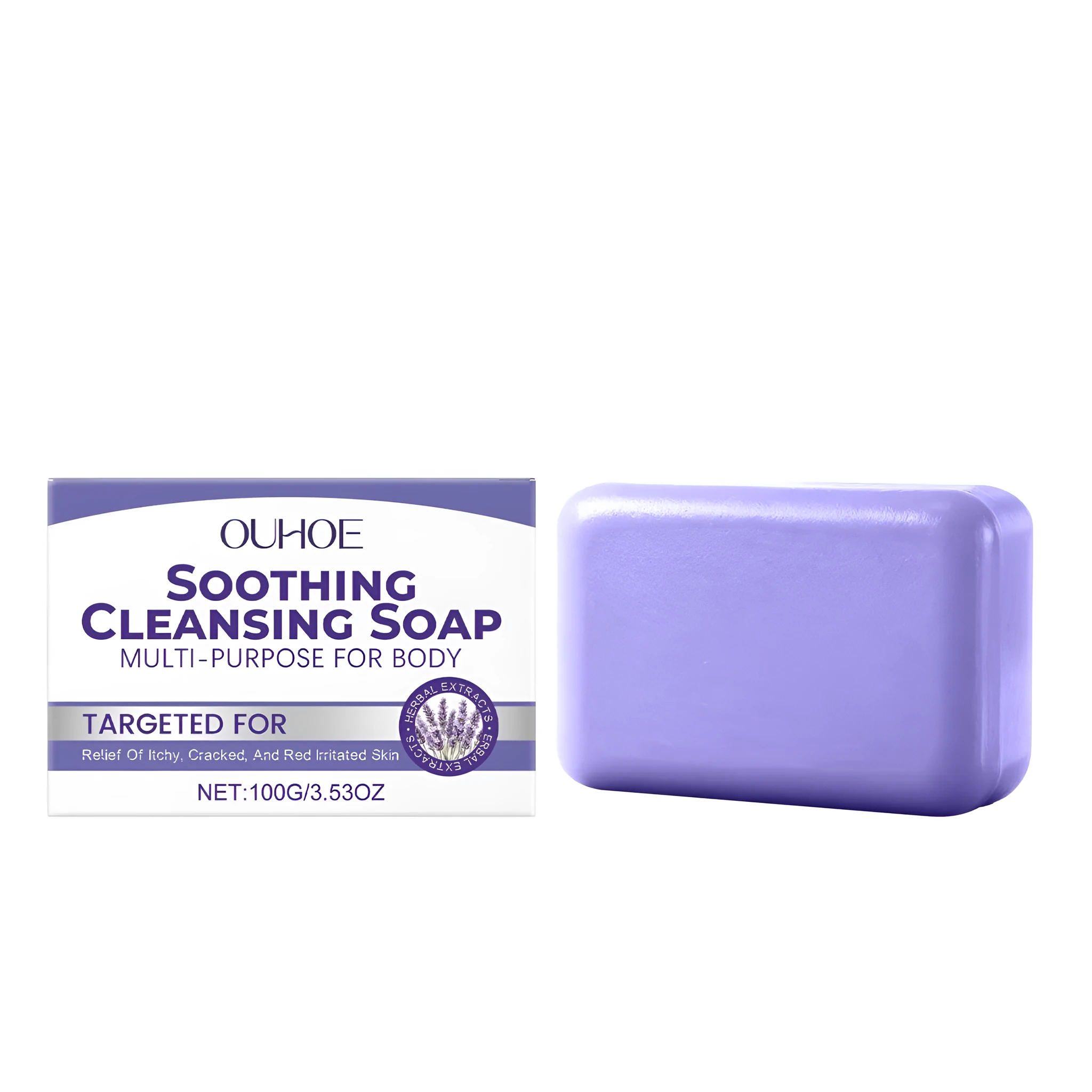 100g soothing cleansing soap bar with tea tree oil, coconut oil, witch hazel and lavender oil
