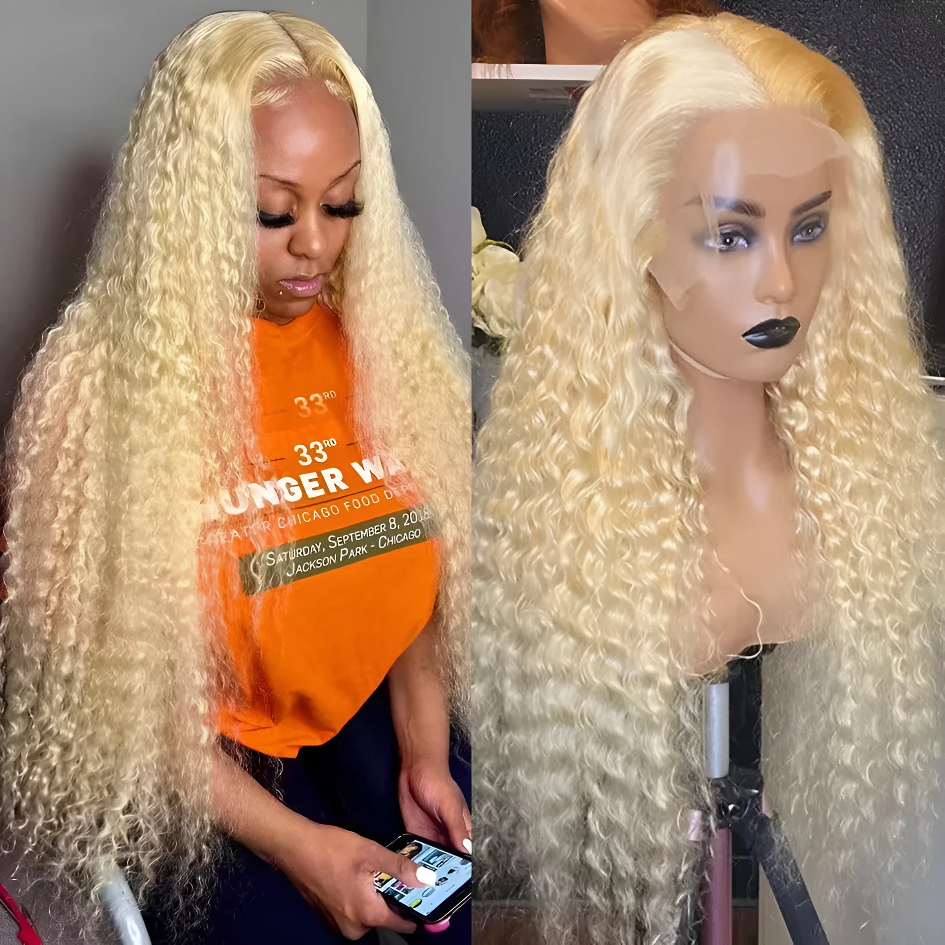Long curly front lace full head wig with side bangs in light gold, 20 inch length