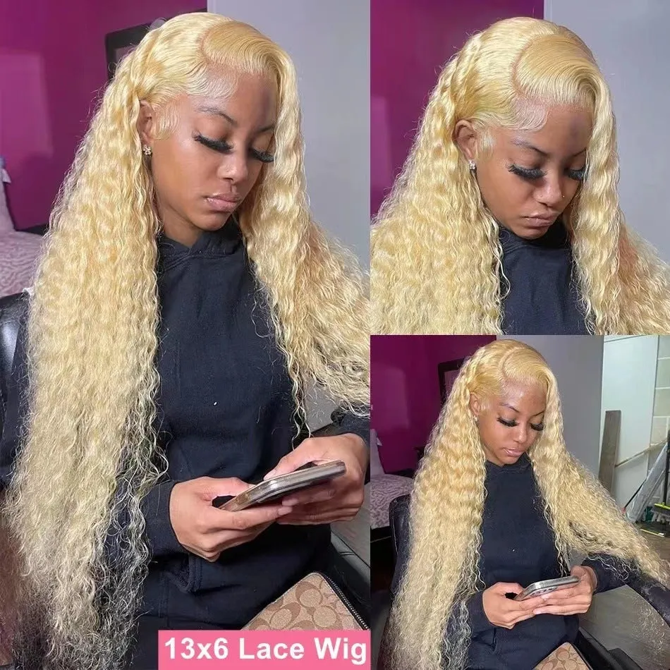 Long curly front lace full head wig with side bangs in light gold, 20 inch length