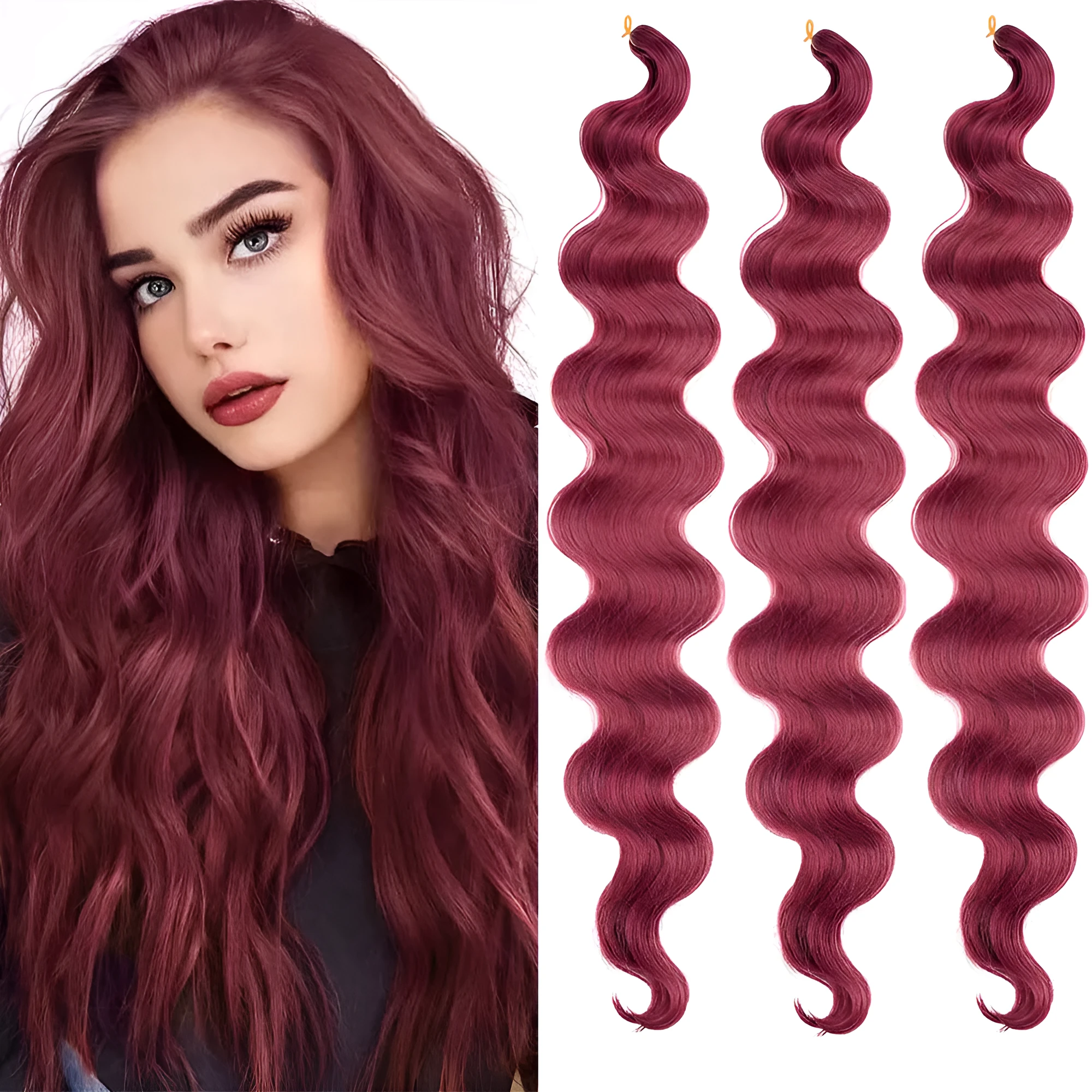 Wine red long synthetic wig with big curly waves and braided texture, 24 inches long.