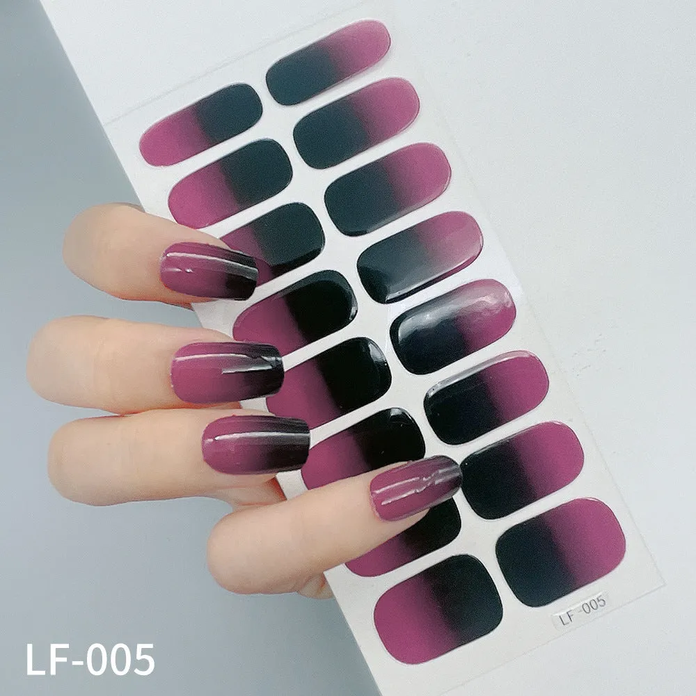 Pack of solid colour nail art stickers showing 16 different small designs including flowers, animals, and geometric patterns.