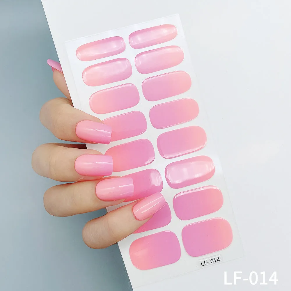 Pack of solid colour nail art stickers showing 16 different small designs including flowers, animals, and geometric patterns.