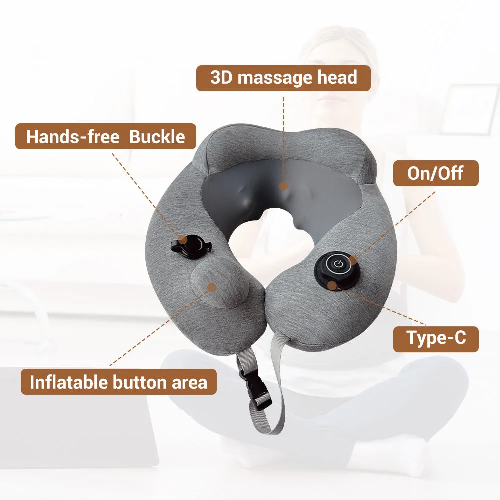 Gray inflatable U shape neck massager pillow with kneading 3 modes, deflated on a table with carry bag and USB cable