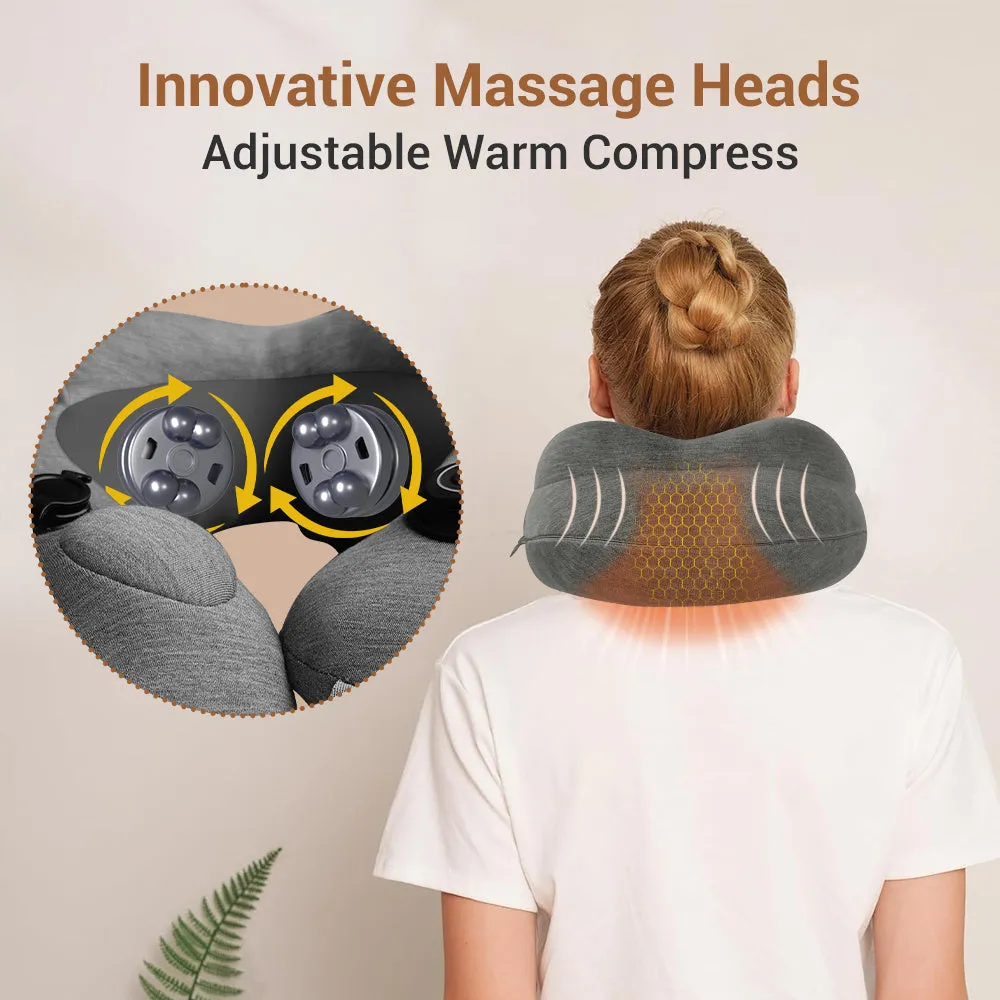 Gray inflatable U shape neck massager pillow with kneading 3 modes, deflated on a table with carry bag and USB cable